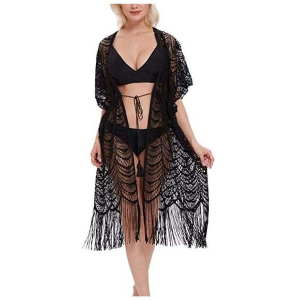 NWT Black Kimono Sheer Open Weave Coverup
